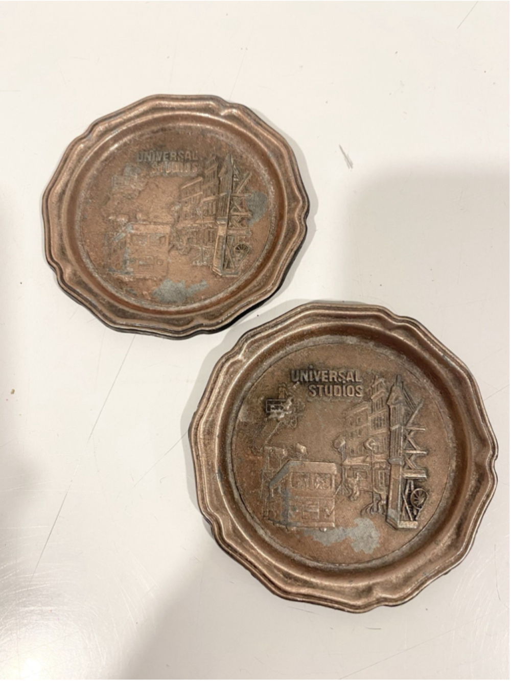 Vintage Universal Studios Souvenir Metal Coasters Trinket Trays Set of 2 USA